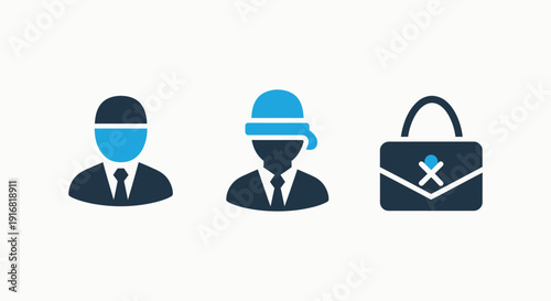 Abstract Flat Design Icons for Identity, Fashion, and Digital Security with Business Person, Head Covering, and Handbag Symbols in Blue
