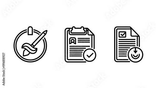 Business process icons: task completion with timer, resume review with checkmark, and download progress for workflow and productivity.