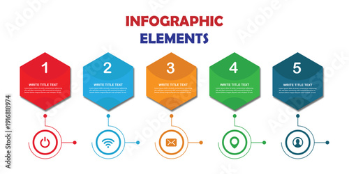 Data visualization depicting infographic elements with five sections color coded labeled one through five with corresponding icons and text areas