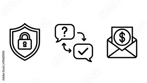 Security shield with lock, chat bubbles for communication, and envelope with money icons for finance and business safety