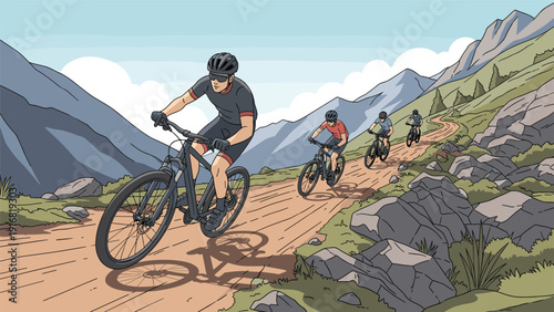 Group of mountain bikers wearing helmets and gear ride down a steep dirt trail in a rugged mountain landscape under a blue sky.