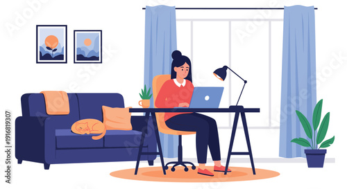 Illustration of a young woman working on a laptop at a desk in a cozy living room with a cat sleeping on a blue sofa in the background.