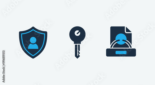 Modern icons representing security, privacy, and access: a shield with a user icon, a key for unlocking, and a document with a ring for authorization.