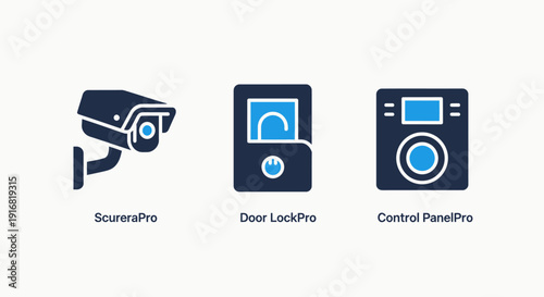 Icons representing security systems: ScureaPro surveillance camera, DoorLockPro smart lock, and ControlPanelPro for smart home or building management.