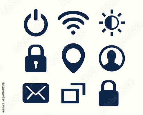 Set of minimalist digital interface icons including power button WiFi symbol brightness control padlock location marker user profile envelope layers