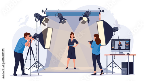 Professional model posing for fashion photoshoot in studio with photographer capturing images using camera and studio lights.