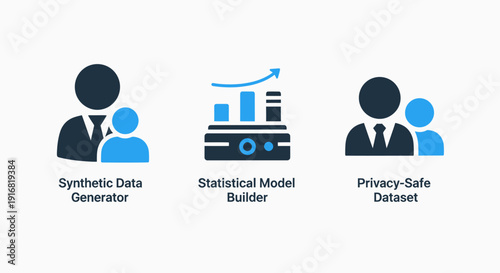 Data Management and Analytics Icons: Synthetic Data Generator, Statistical Model Builder, and Privacy-Safe Dataset for Big Data and AI