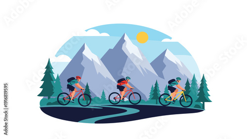 Group of active cyclists riding mountain bikes along winding path through pine forest with majestic snowy peaks in background.