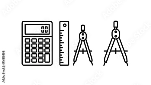 Essential Drafting and Calculation Tools: Calculator, Ruler, and Compass Icons for Geometry and Engineering