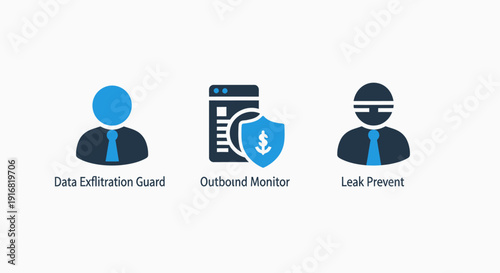 Data security icons: person protecting data, outbound monitor, and leak prevention