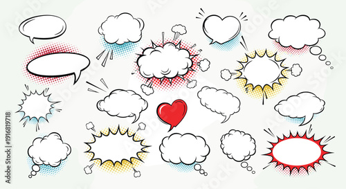 Selection of colorful comic book speech bubbles and explosion shapes with halftone patterns and a red heart icon on a light background.