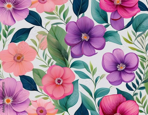 a repeating pattern of pink and purple flowers with green leaves on a white background design style look