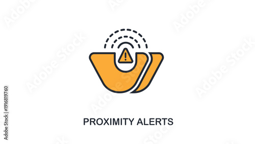 Digital proximity alert icon with radiating waves, warning triangle inside a stylized object, communication and notification concept.
