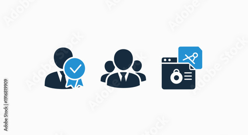 Quality Certification, Team Collaboration, and Data Security Icons: Modern Two-Tone Symbols for Business and Digital Concepts
