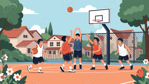 Group of active young boys playing basketball on outdoor neighborhood court surrounded by houses, trees, and summer flowers.