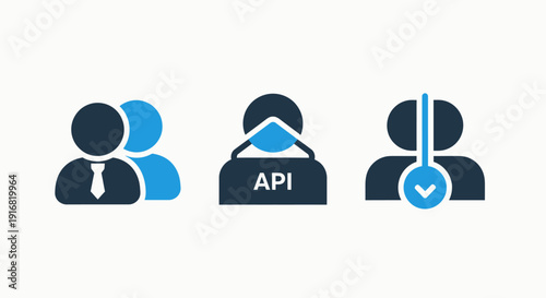Team Collaboration, API Integration, and User Verification Icons for Modern Software Development and Digital Service Management