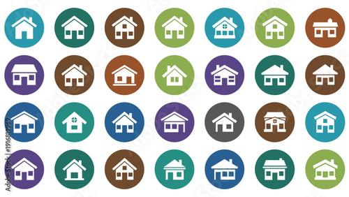 Large set of colorful circular icons featuring diverse house and home styles suitable for real estate, property, and architecture.