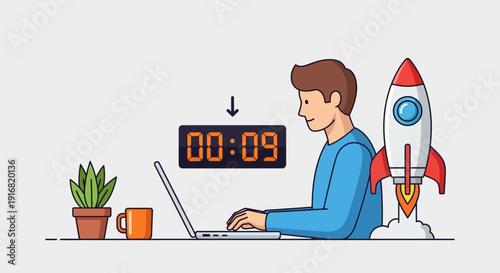 Man working on laptop with rocket launch countdown timer nearby, depicting productivity and technology