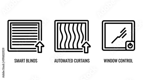 Smart Home Automation Icons: Smart Blinds, Automated Curtains, and Digital Window Control Systems for Modern Living.