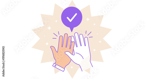 Illustration of two hands reaching out to each other with a checkmark in a speech bubble above