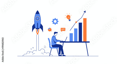 Man working on laptop with rocket launch and graphs indicating business growth and success