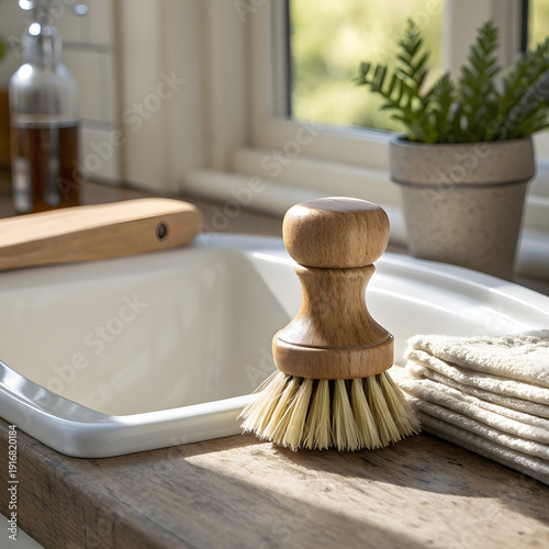 Wooden dish brush zero waste kitchen cleaning concept
