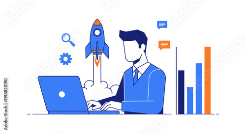 Man working on laptop with rocket launching beside him, surrounded by business graphics and data charts