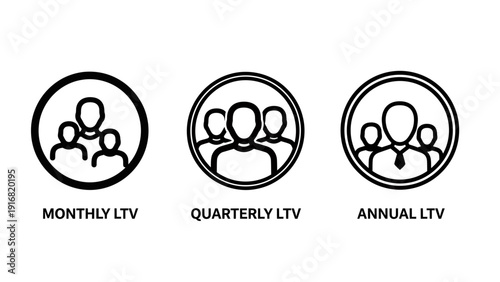 Outline vector icons representing customer lifetime value (LTV) metrics on monthly, quarterly, and annual bases, featuring groups of people within circles.