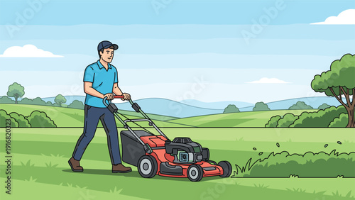 Man in casual clothes and cap pushing lawn mower to trim grass in beautiful green park under clear blue sky during summer.
