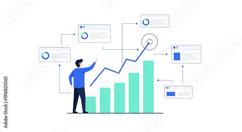 Man analyzing business growth chart with various data visualizations and statistics in a professional setting