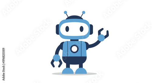 Robot character illustration holding wrench and standing in a neutral pose with mechanical tools