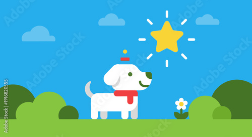 A cartoon dog wearing a red scarf stands in a green field under a bright yellow star