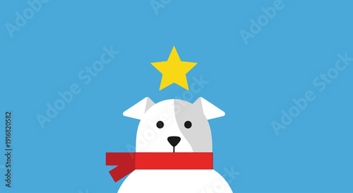A white dog illustration wearing a red scarf and a yellow star on a blue background, viewed from the front