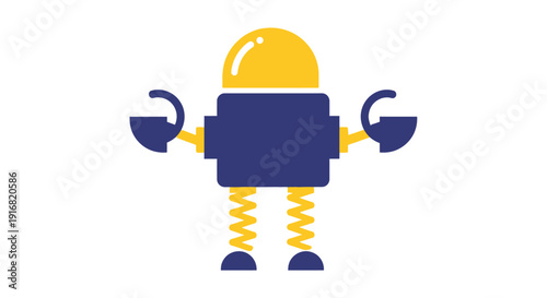 Illustration of a robot with yellow and blue components standing upright with outstretched arms on a plain surface