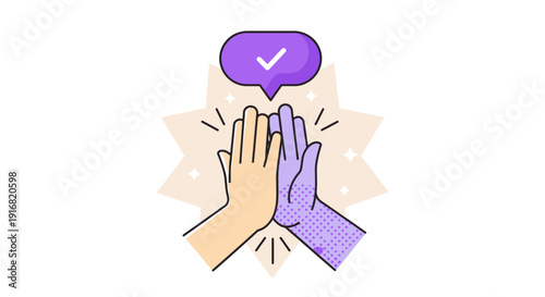 Two hands clapping together with a checkmark in a speech bubble above, symbolizing agreement and approval in a simple illustration style