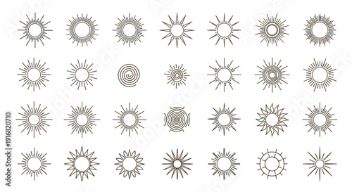 Large set of twenty-eight various sun icons and sunburst designs in black and white line art for minimalist graphic design projects.