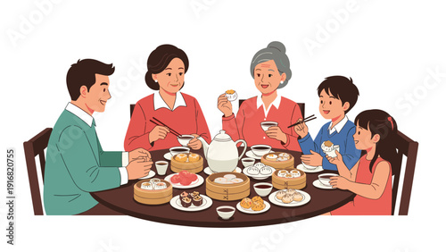 Multi generational family enjoying traditional Chinese dim sum lunch together around large dining table with various dishes.