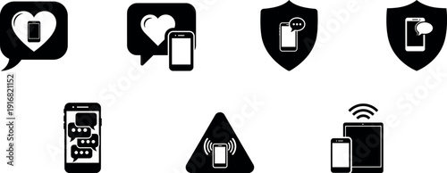 Smartphone communication and security black icon set silhouette vector illustration isolated on transparent background