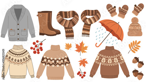 Detailed collection of warm autumn and winter clothing items including sweaters, boots, scarf, and hat with fall leaves.