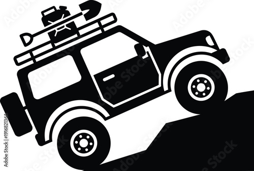 Silhouette Offroad vehicle driving on rough terrain with roof rack equipment