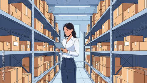 Professional female warehouse manager using a digital tablet to check inventory among rows of stacked cardboard boxes.