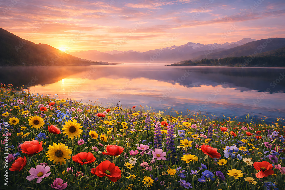 Obraz premium Golden sunrise over mountain lake with vibrant wildflower meadow and calm water reflection
