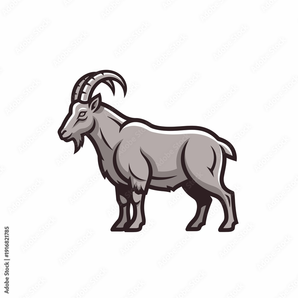Fototapeta premium Gray Cartoon Goat with Curved Horns.