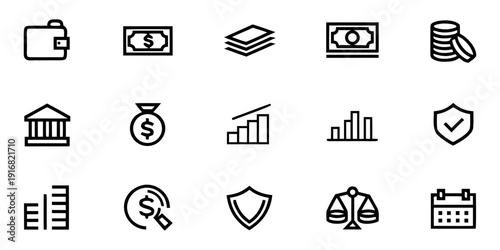 Finance & Banking icon set with wallet, bank building, credit card, cash, coins stack, savings jar, investment chart symbols for UI apps. thin line app web icon set.