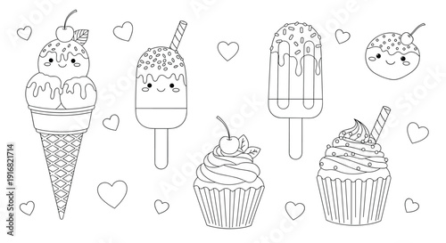 Collection of cute dessert coloring book icons including ice cream cones and cupcakes with happy faces and heart decorations for young children.
