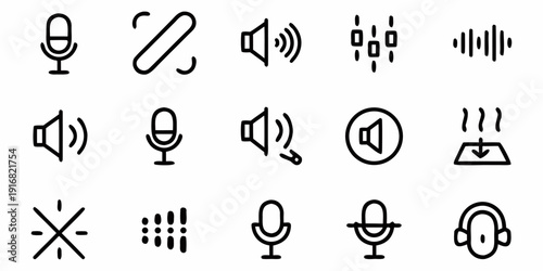 Microphone and voice control icon set with record, mic, off, mute, search, sound waves, audio levels, speech, voice recognition symbols for UI apps. thin line app web icon set.