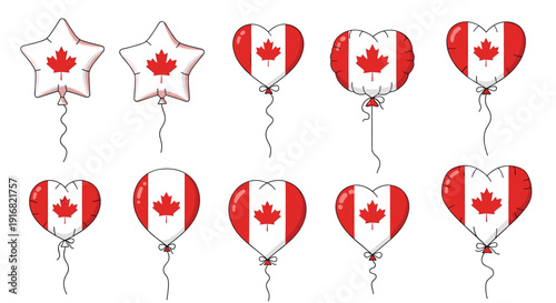 Collection of Canadian flag balloons in heart and star shapes is floating against a white background for national holiday and event designs.