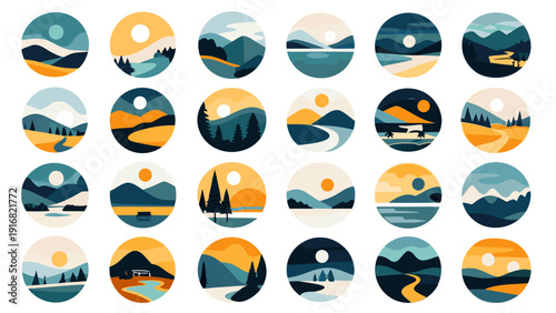 Mountain logo set. Flat geometric nature landscape icons. Travel adventure badge designs. Vector round mountain peak emblems