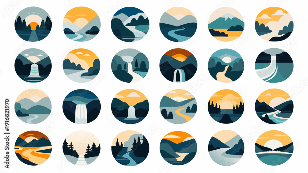 Foto Waterfall and river landscape logo set