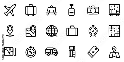 Travel icon set with airplane, boarding pass, suitcase, hotel bed, passport, map marker, globe, camera symbols for UI apps. thin line app web icon set.